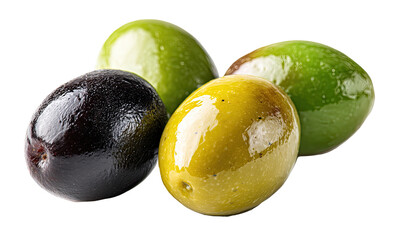 Close-up of three olives, black, green, and yellow-green, glossy and plump