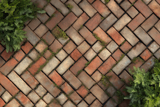 Create a birds eye view of a zoom-out of the perfectly laid bricks on an old brick driveway, showcasing their texture. This tileable png captures the beauty and intricacy of traditional brickwork.#