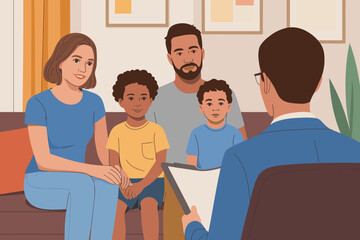 Family at Professional Counseling Session with Therapist for Mental Health Support Psychological Guidance Diverse Parents and Children Seeking Advice in Modern Office for Corporate Wellness Programs