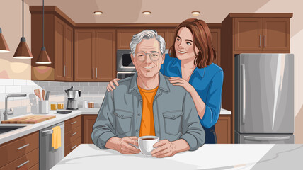 Loving daughter embracing senior father drinking coffee in modern kitchen happy family relationship illustration for healthcare advertising home care services retirement living and family support comp