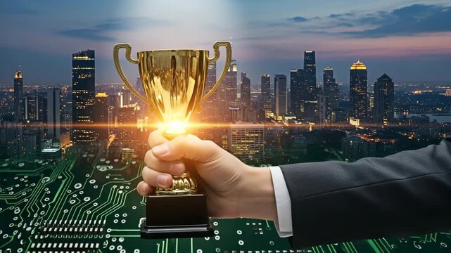 A trophy in a hand with a city in the background for the concept of business success.