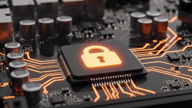 Close-up of computer circuit board with glowing orange lock symbol