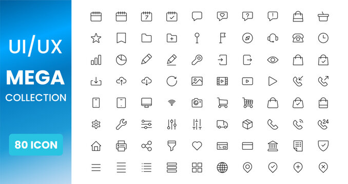 UI UX icon set, user interface and user experience symbols, modern flat design system icons for web mobile apps and dashboards
