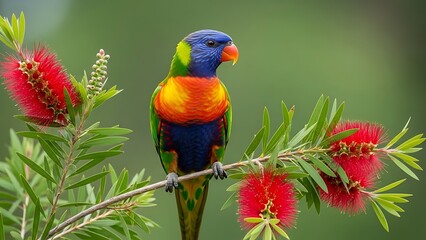Rainbow lorikeet perched on a branch with red bottlebrush flowers in a lush green environment