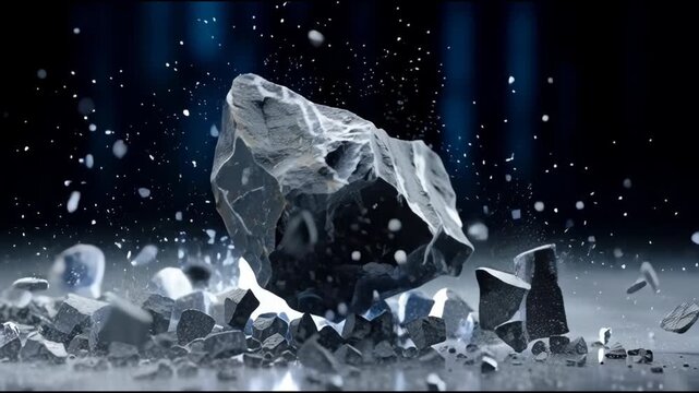 A large rock has been shattered into many pieces, creating a chaotic and fragmented scene. Concept of destruction and upheaval, as if the rock has been torn apart by a powerful force