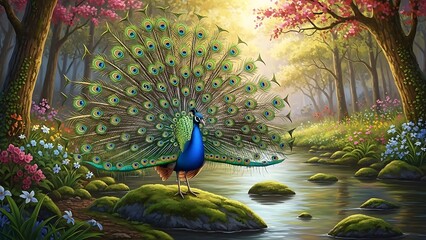 Majestic peacock spreads vibrant feathers in serene forest setting by the river