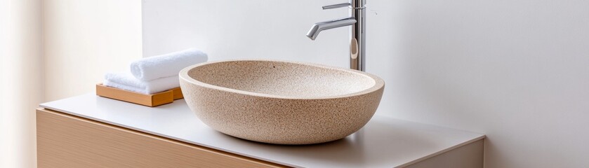 Oval Stone Vessel Sink with Towels and Faucet, Modern Bathroom , Sink, Faucet