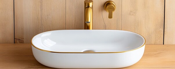Oval White Sink with Gold Trim and Brass Faucet on Wood Countertop, Bathroom , Sink