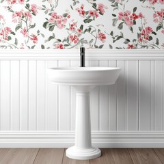 Pedestal Sink in Floral Bathroom with Wood Floor, Bathroom, Interior