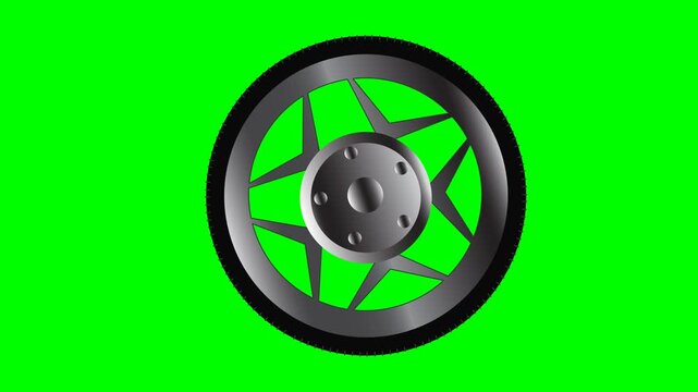 Looping animation of a spinning motorcycle wheel isolated on a green background.