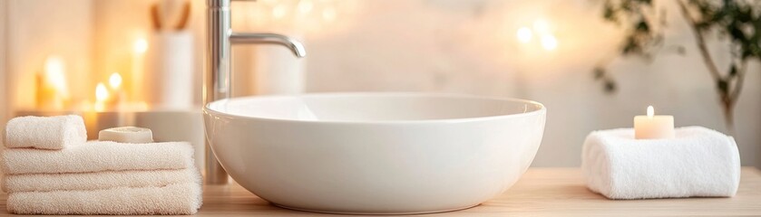Serene Bathroom Still Life Bowl Sink, Towels and Candlelight, spa , wellness
