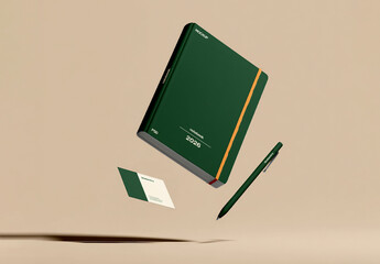 Floating Notebook and Stationery Mockup Scene