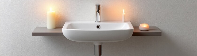 Serene Bathroom White Sink with Candles on Gray Shelf, Bathroom , Interior