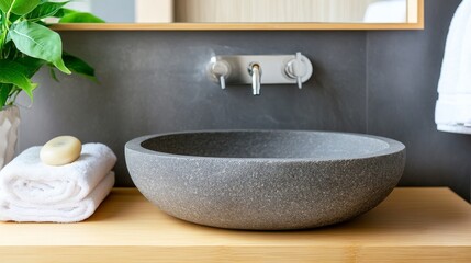 Stone Basin Sink Modern Bathroom Interior with Wood Countertop and Towels, Minimalism , Home Decor