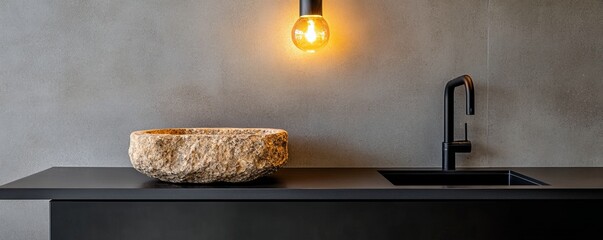 Stone Bowl and Black Faucet on Countertop with Bulb Lighting, Interior design , Minimalist