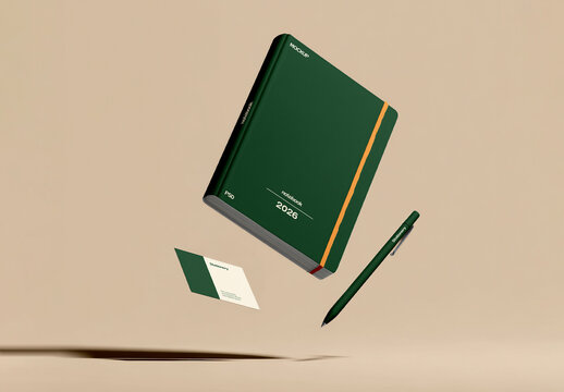 Floating Notebook and Stationery Mockup Scene