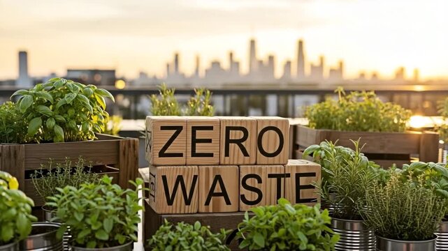 Zero Waste concept with plants and city in background for a sustainable environment.