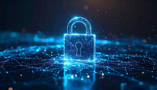 Cybersecurity concept with glowing digital lock over network - Powered by Adobe