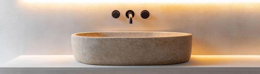 Stone Vessel Sink with Black Faucet on Light Stone Counter, Bathroom , Interior