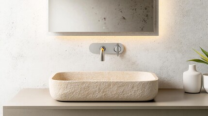 Stone Vessel Sink with Backlit Mirror and Modern Faucet, Bathroom , Minimalist