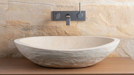 Stone Vessel Sink with Wall-Mounted Faucet, natural , minimalist
