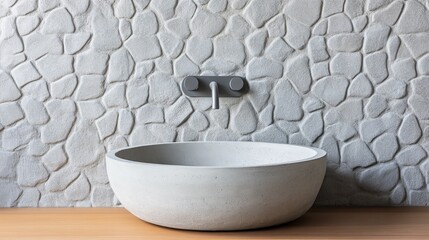 Stone Wall and Round Concrete Sink Minimalist Bathroom Interior, Bathroom , Interior Design