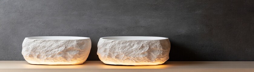 Stone-Like Vases with Warm Light on Wooden Shelf, Decor , Modern Design