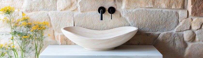 Stone Wall Vessel Sink with Yellow Flowers and Black Faucet, Bathroom ,Interior Design