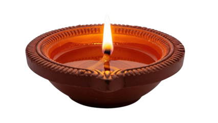 Lit Terracotta Oil Lamp with Flame on Black Background diya fire