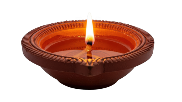 Lit Terracotta Oil Lamp with Flame on Black Background diya fire - Powered by Adobe