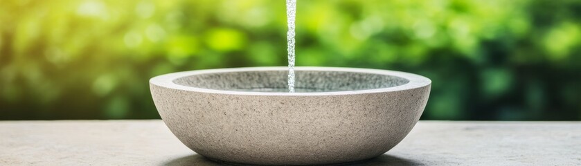 Water Fountain Flowing into Stone Bowl with Green Bokeh Background, Water feature, Garden decor