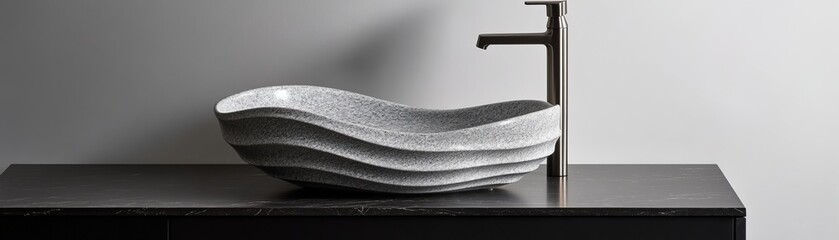 Wave Stone Sink on Dark Marble Countertop, modern design , bathroom fixture