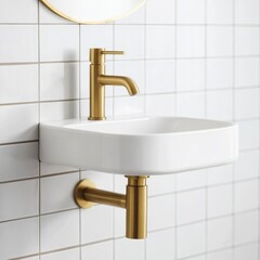 White Wall-Mounted Sink with Golden Fixtures on Tile, Bathroom, Fixtures