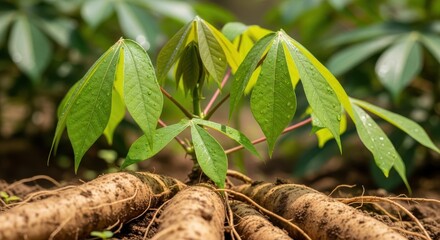 Cassava root crop growing in fertile soil, close-up view of green leaves and tuberous roots