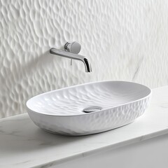 White Wavy Bathroom Sink with Chrome Faucet and Textured Wall, modern , minimal