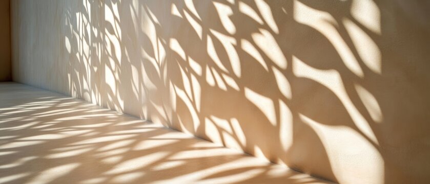 Beige wall with leaf shadows abstract sunlight pattern texture background