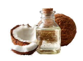 Coconut oil in a glass bottle, beside halved coconuts