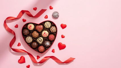 A red heart-shaped box of assorted chocolate truffles with gold sparkle, surrounded by a swirling red ribbon on a soft pink background. Perfect for Valentine's Day, anniversaries, or a romantic gestur