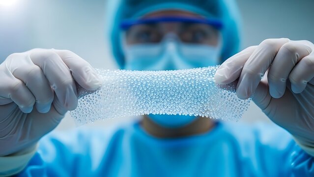 Medical researcher examining a synthetic skin graft in a sterile laboratory environment