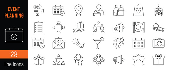 Event planning icon set of web in linear style. Event icons for web and mobile app. Management, wedding, entertainment, catering, invitations, catering, coordination. Vector illustration. EPS 10