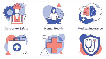 Fototapeta premium Employee health abstract vector set. Covers burnout, workplace safety, overload, injury prevention, and working environment..eps