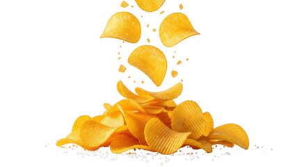 Naklejka premium Potato Chips Falling into a Pile with Salt on Black Background crisps snack