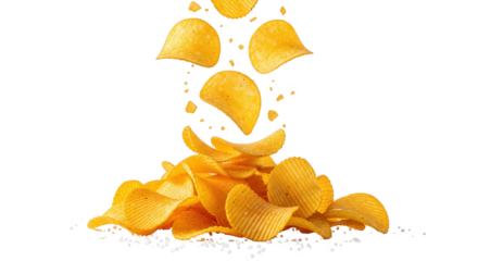 Potato Chips Falling into a Pile with Salt on Black Background crisps snack