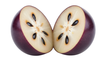 Purple Star Apple Fruit Halved Showing Seeds on Black Background exotic tropical
