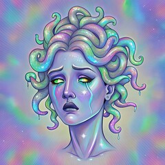 Medusa Gorgon Crying With Holographic Tears in a Colorful and Mesmerizing Design Highlighting Emotions and Beauty