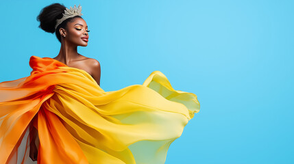 Elegant black woman in yellow and orange flowing dress with tiara posing confidently against blue background