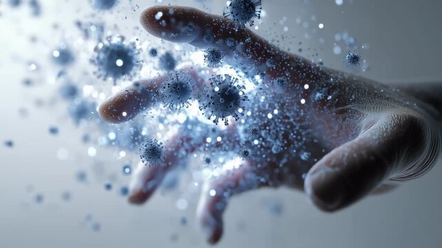 Digital particles forming on a human hand symbolizing virus detection technology