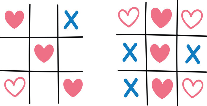 Valentine tic-tac-toe board, heart and X symbols, love game concept, romantic grid design, playful pink blue theme