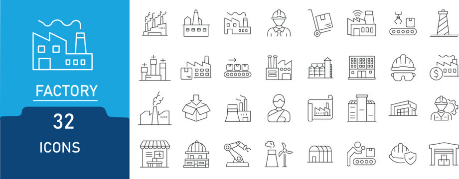 Factory icons in line style. Contains icon related to including automation, plants, industrial, production, machine, warehouse and more. and more. Editable stroke.Outline Icon Collection.