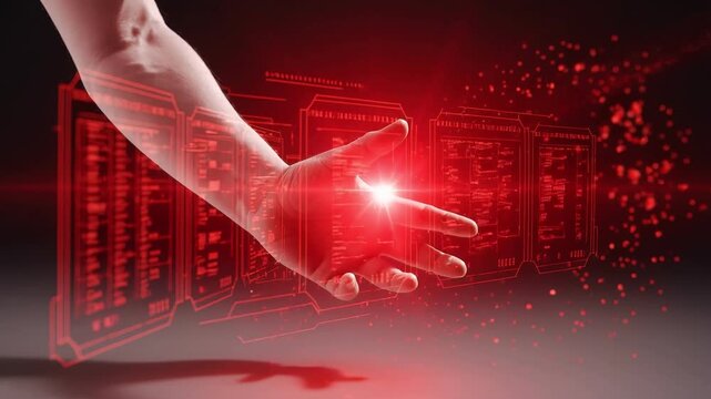 Human hand scanned by digital red interface showing infection detection process